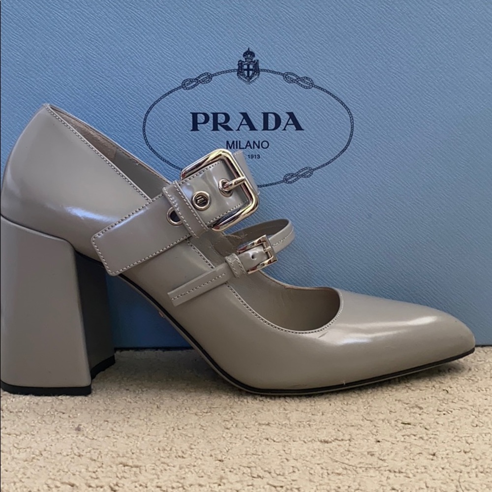 Prada dbl. strap block heel Mary Janes.